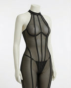Black Sheer Mesh Bodystocking With Front Zip And G-String Set - Marelia