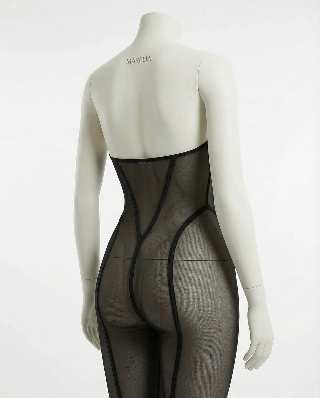 Black Sheer Mesh Bodystocking With Front Zip And G-String Set - Marelia