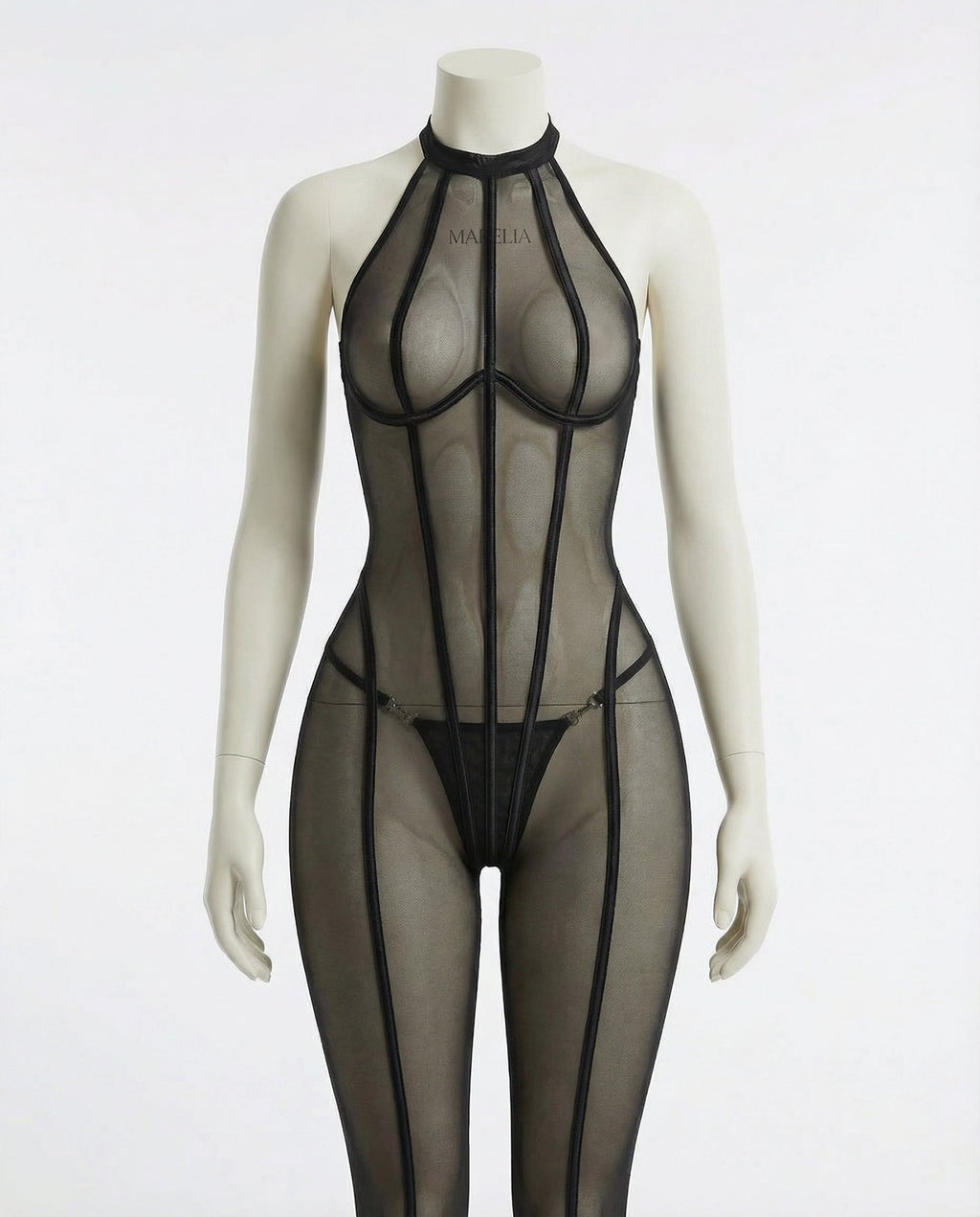 Black Sheer Mesh Bodystocking With Front Zip And G-String Set - Marelia