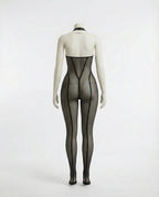 Black Sheer Mesh Bodystocking With Front Zip And G-String Set - Marelia