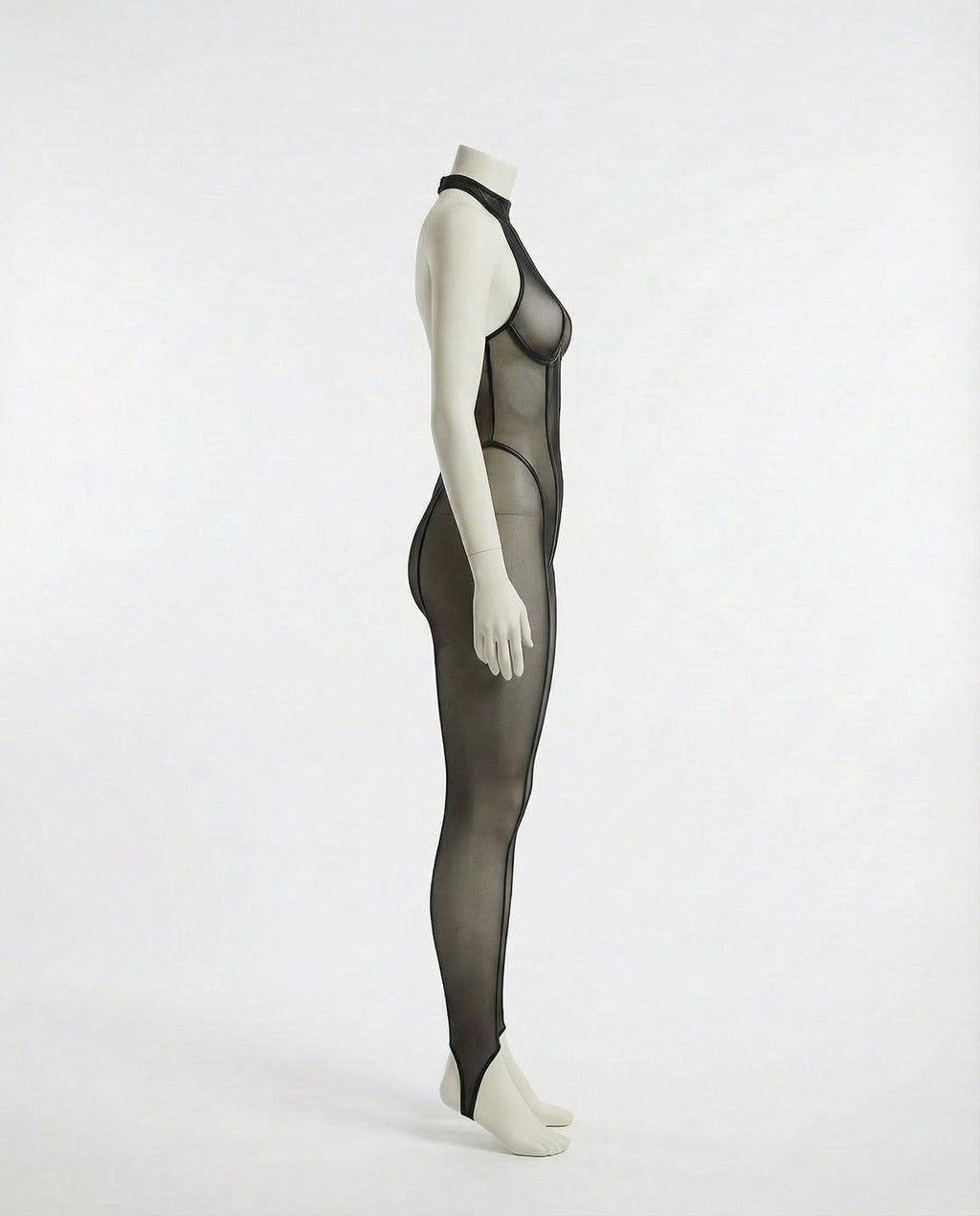 Black Sheer Mesh Bodystocking With Front Zip And G-String Set - Marelia