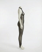 Black Sheer Mesh Bodystocking With Front Zip And G-String Set - Marelia