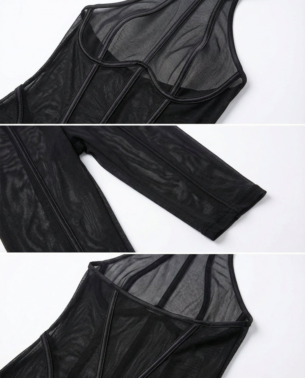 Black Sheer Mesh Bodystocking With Front Zip And G-String Set - Marelia