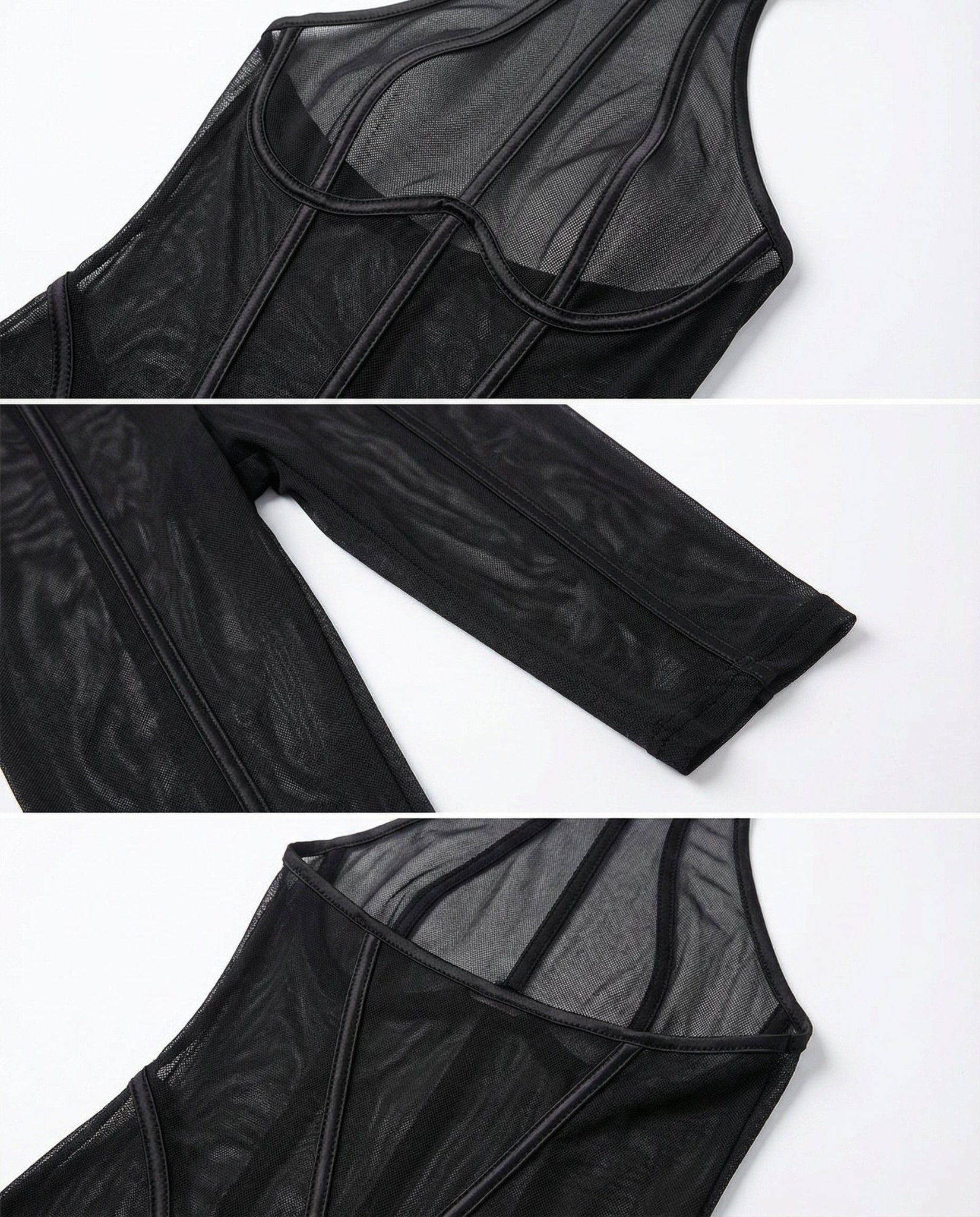 Black Sheer Mesh Bodystocking With Front Zip And G-String Set - Marelia