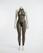 Black Sheer Mesh Bodystocking With Front Zip And G-String Set - Marelia