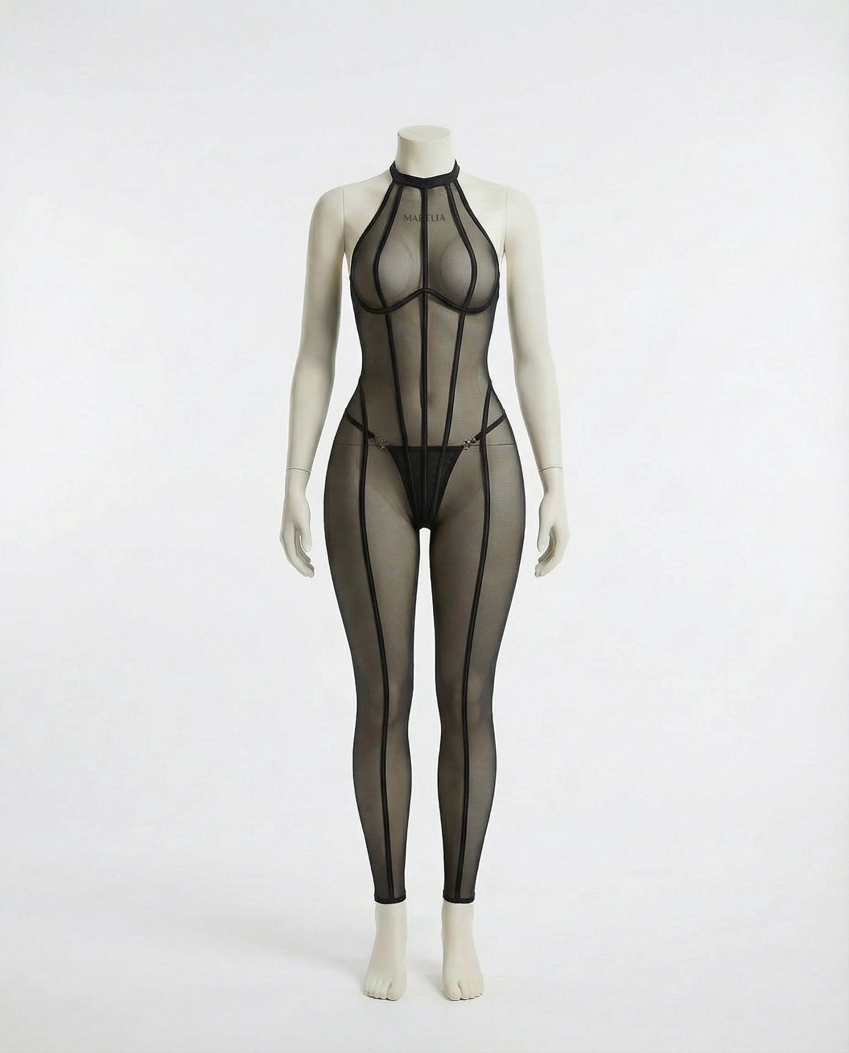 Black Sheer Mesh Bodystocking With Front Zip And G-String Set - Marelia