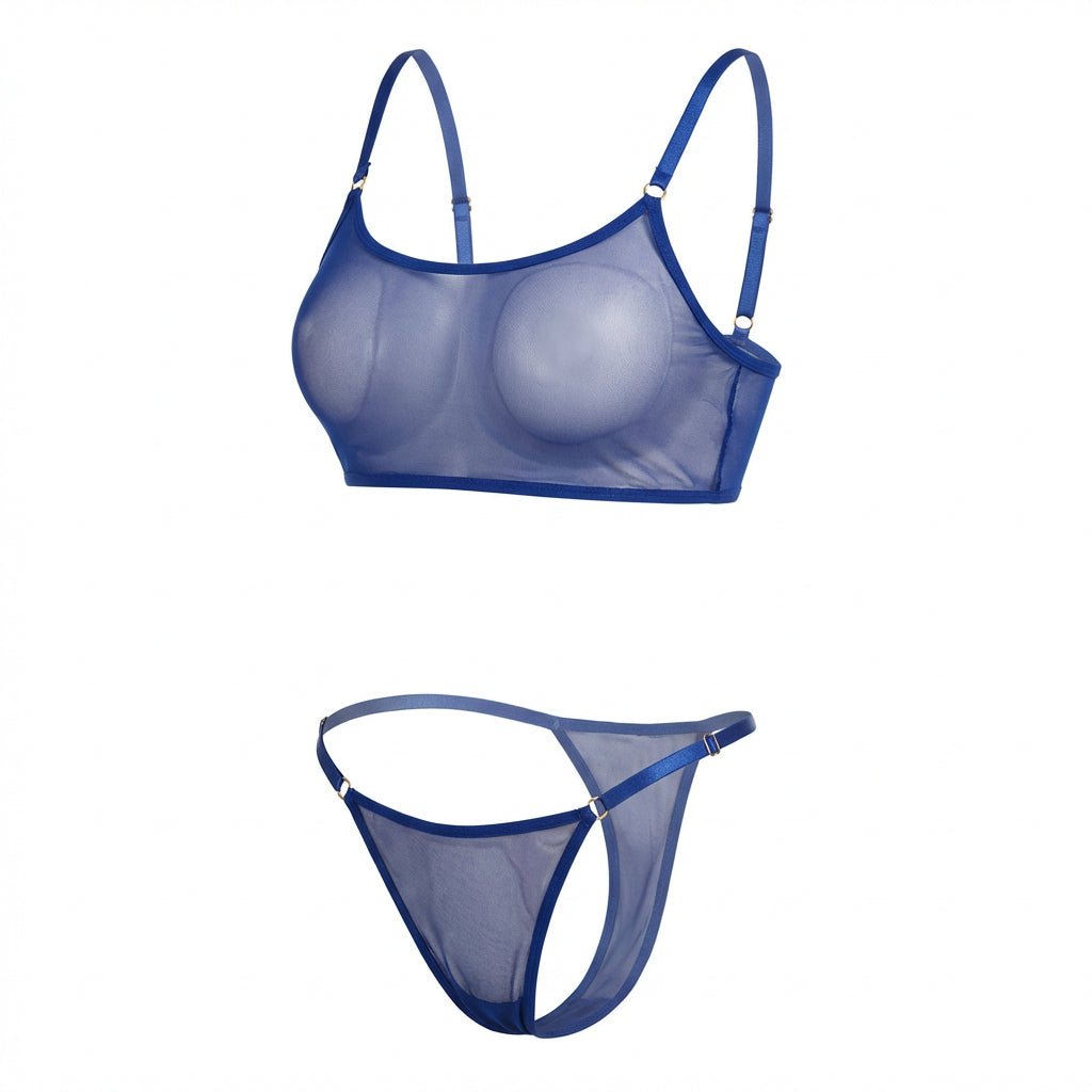 Blue Sheer Mesh Bra And Thong Set - Marelia