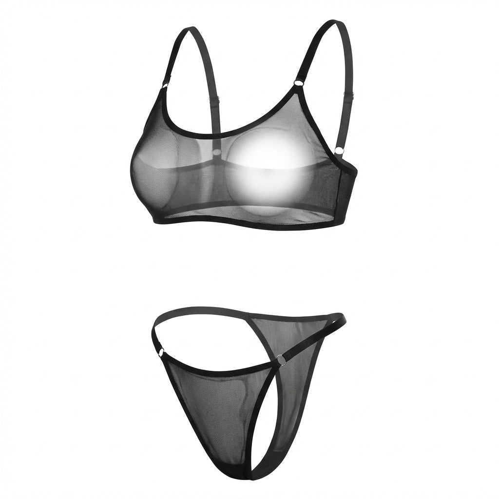 Black Sheer Mesh Bra And Thong Set - Marelia