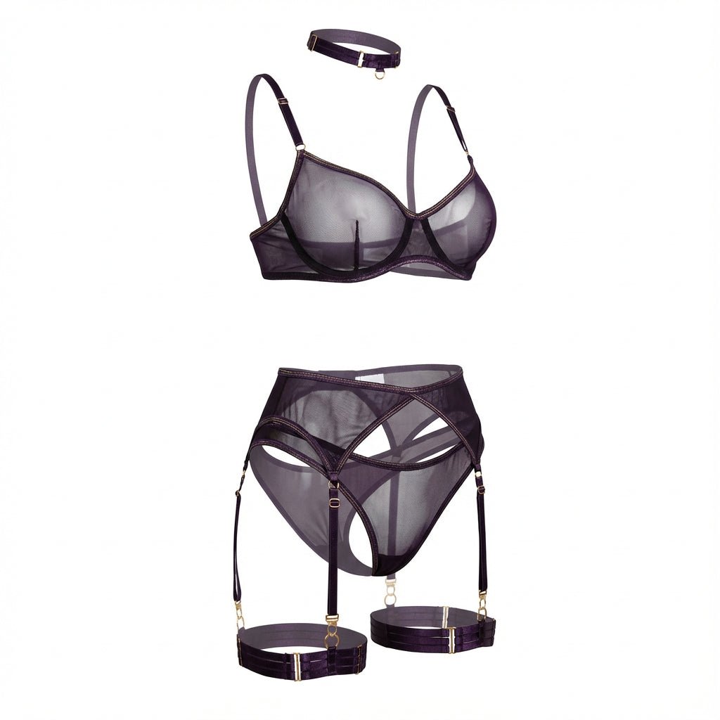 Purple Sheer Mesh Bra Brief And Suspender Set - Marelia