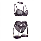 Purple Sheer Mesh Bra Brief And Suspender Set - Marelia