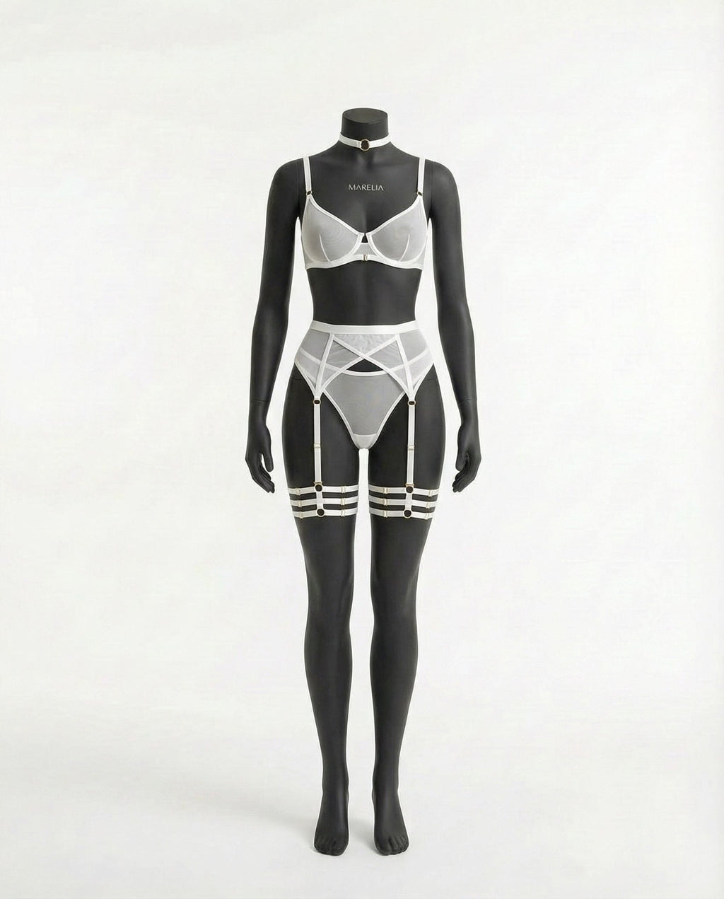 White Sheer Mesh Bra Brief And Suspender Set - Marelia