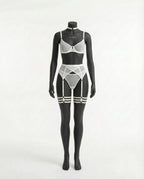 White Sheer Mesh Bra Brief And Suspender Set - Marelia