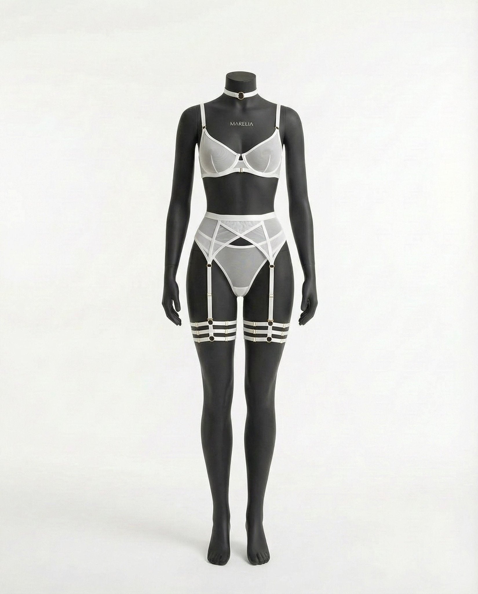 White Sheer Mesh Bra Brief And Suspender Set - Marelia