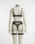 Black Sheer Mesh Bra Brief And Suspender Set - Marelia