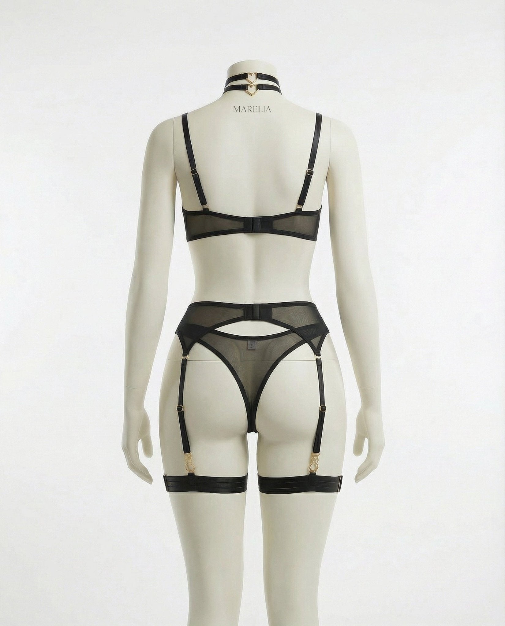 Black Sheer Mesh Bra Brief And Suspender Set - Marelia