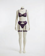 Purple Sheer Mesh Bra Brief And Suspender Set - Marelia