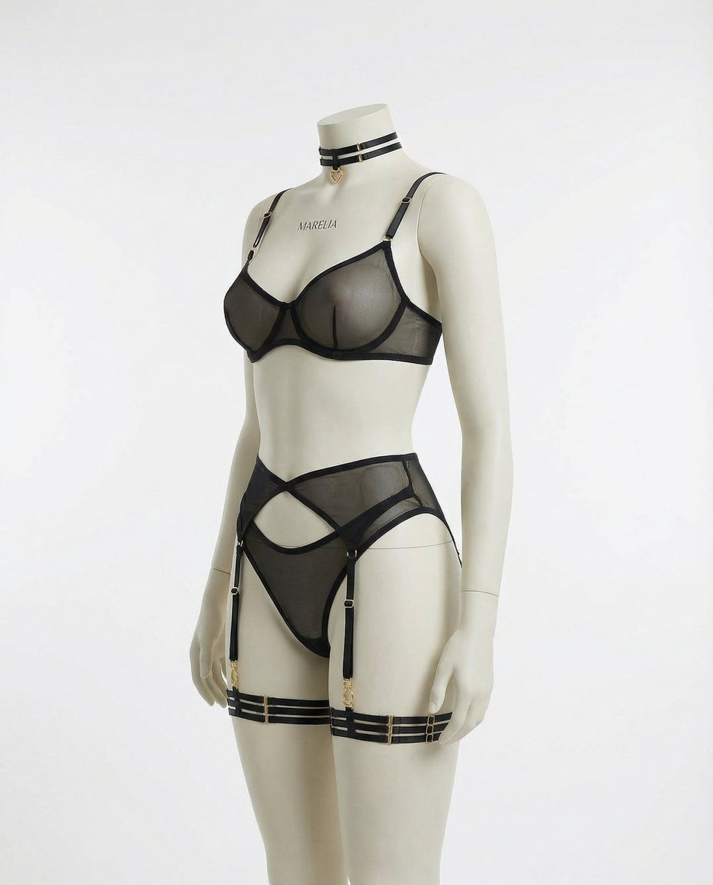 Black Sheer Mesh Bra Brief And Suspender Set - Marelia