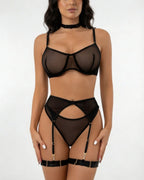 Black Sheer Mesh Bra Brief And Suspender Set - MARELIA