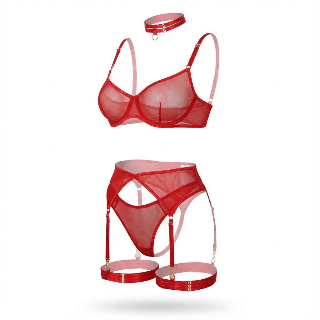 Red Sheer Mesh Bra Brief And Suspender Set - Marelia