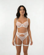White Sheer Mesh Bra Brief And Suspender Set - MARELIA