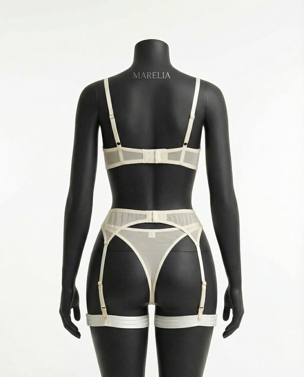 White Sheer Mesh Bra Brief And Suspender Set - Marelia