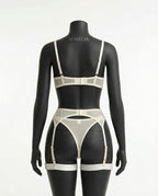 White Sheer Mesh Bra Brief And Suspender Set - Marelia
