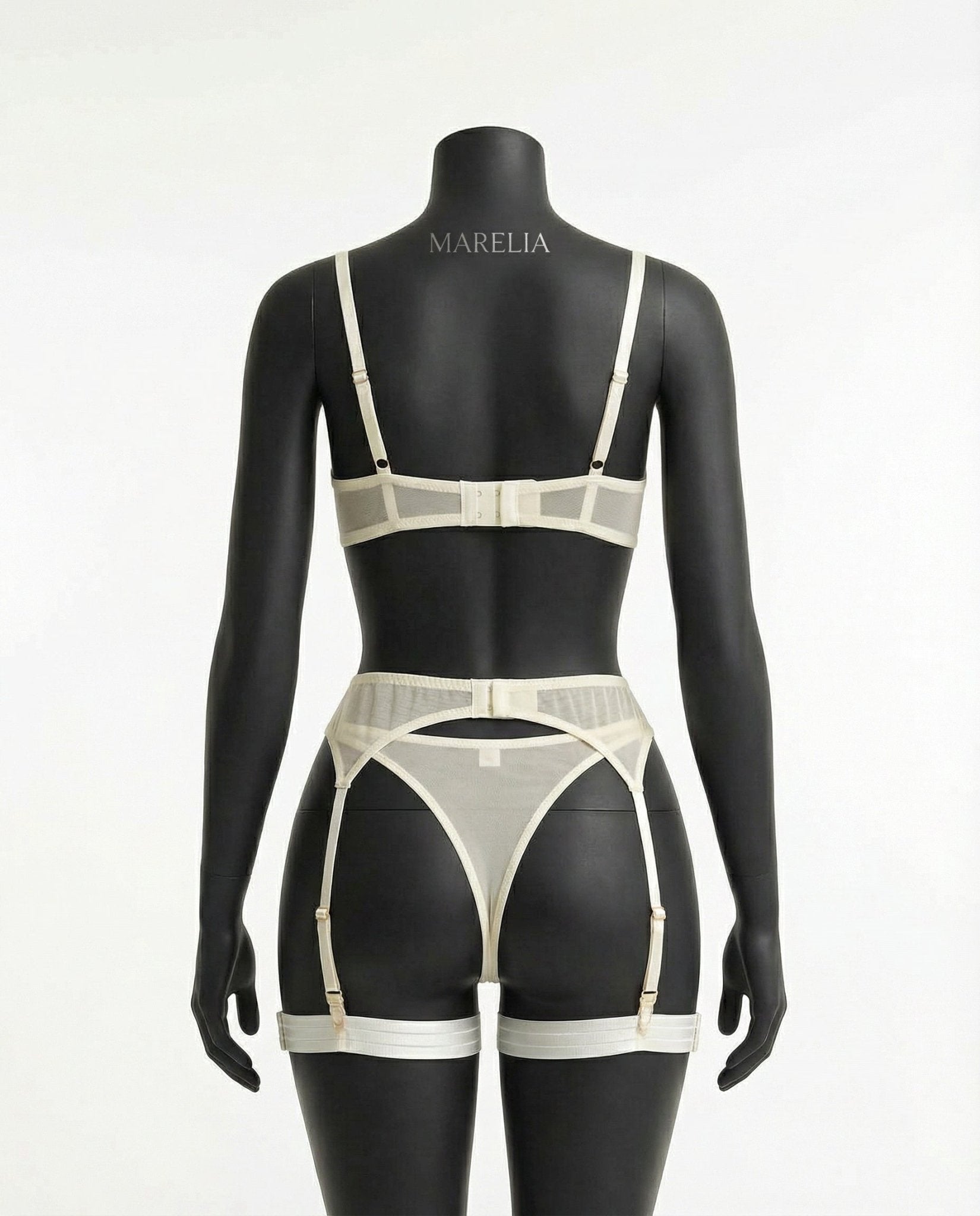 White Sheer Mesh Bra Brief And Suspender Set - Marelia