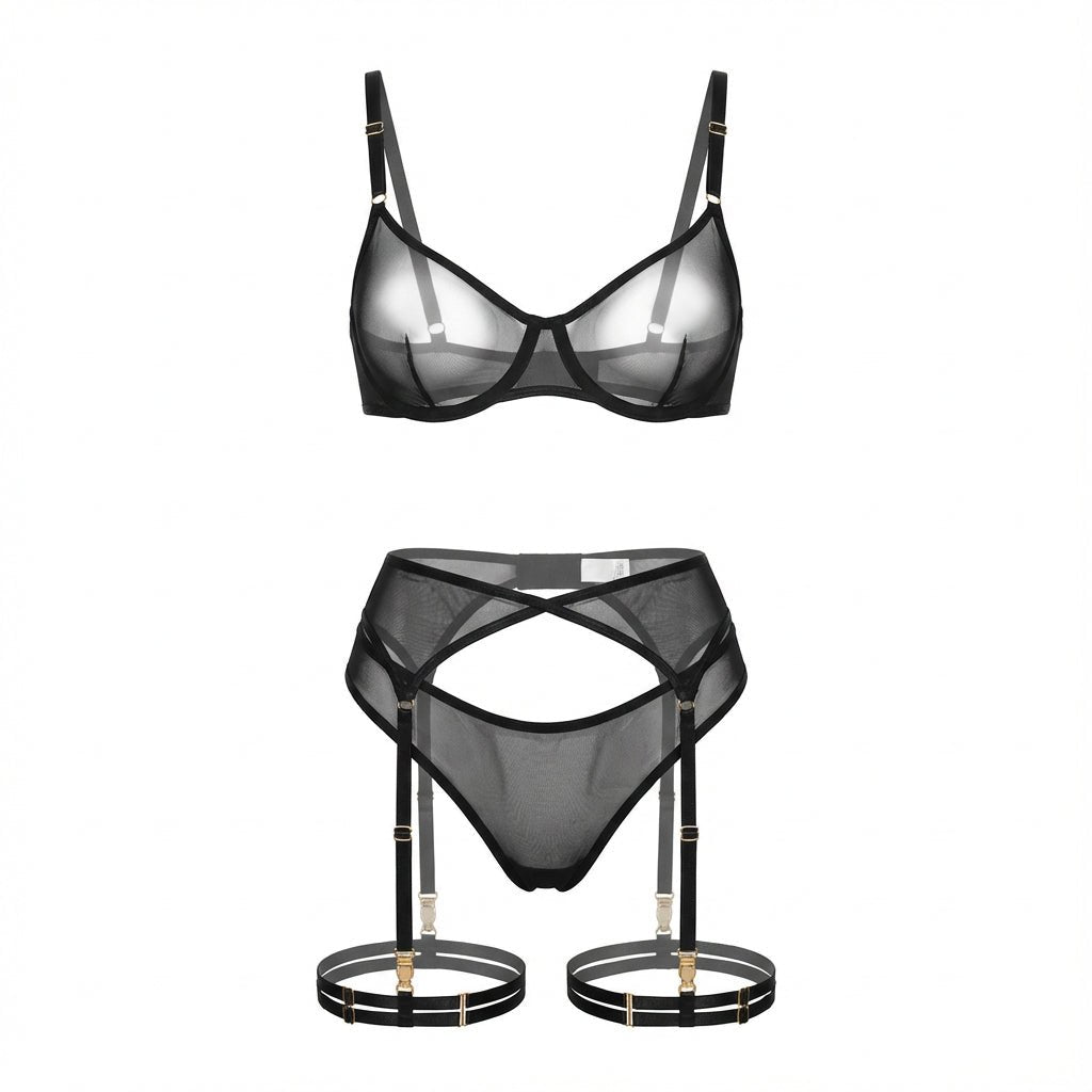 Black Sheer Mesh Bra Brief And Suspender Set - Marelia