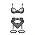 Black Sheer Mesh Bra Brief And Suspender Set - Marelia