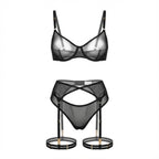 Black Sheer Mesh Bra Brief And Suspender Set - Marelia