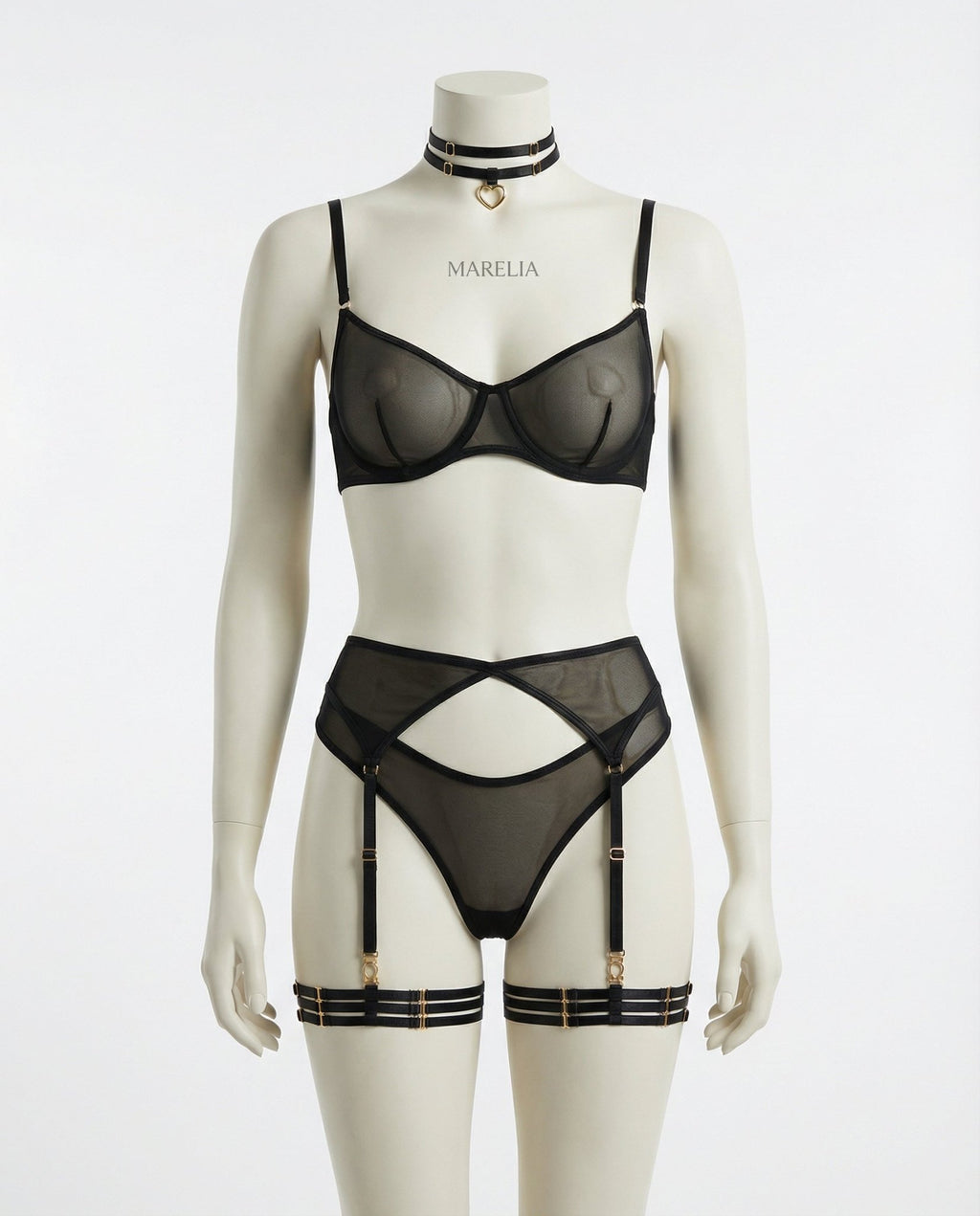 Black Sheer Mesh Bra Brief And Suspender Set - Marelia