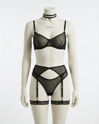 Black Sheer Mesh Bra Brief And Suspender Set - Marelia