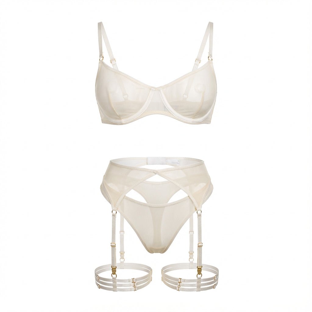 White Sheer Mesh Bra Brief And Suspender Set - Marelia