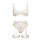 White Sheer Mesh Bra Brief And Suspender Set - Marelia