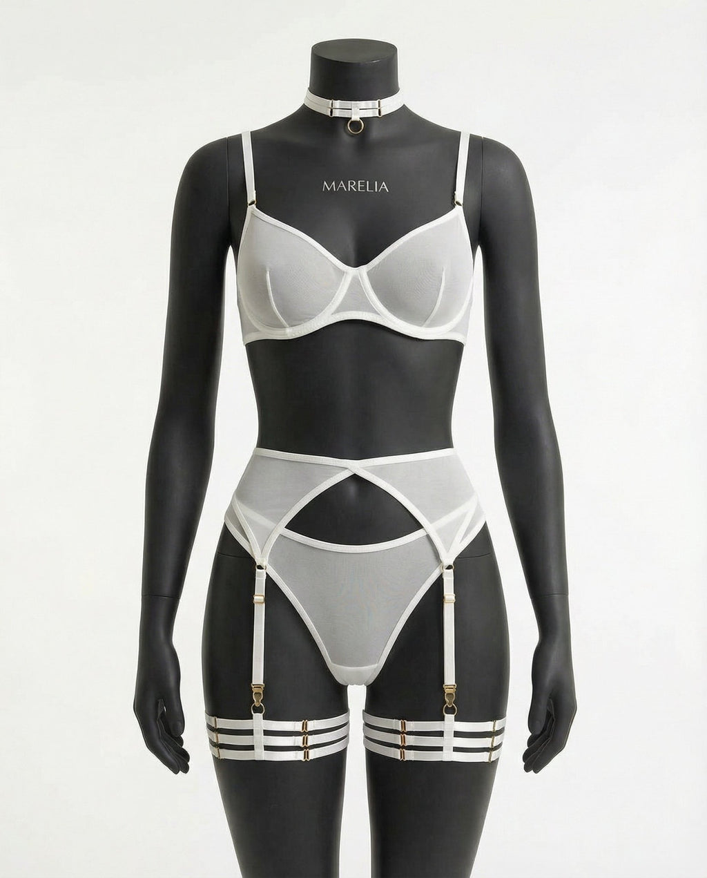 White Sheer Mesh Bra Brief And Suspender Set - Marelia