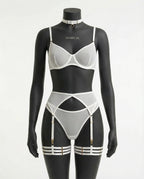 White Sheer Mesh Bra Brief And Suspender Set - Marelia