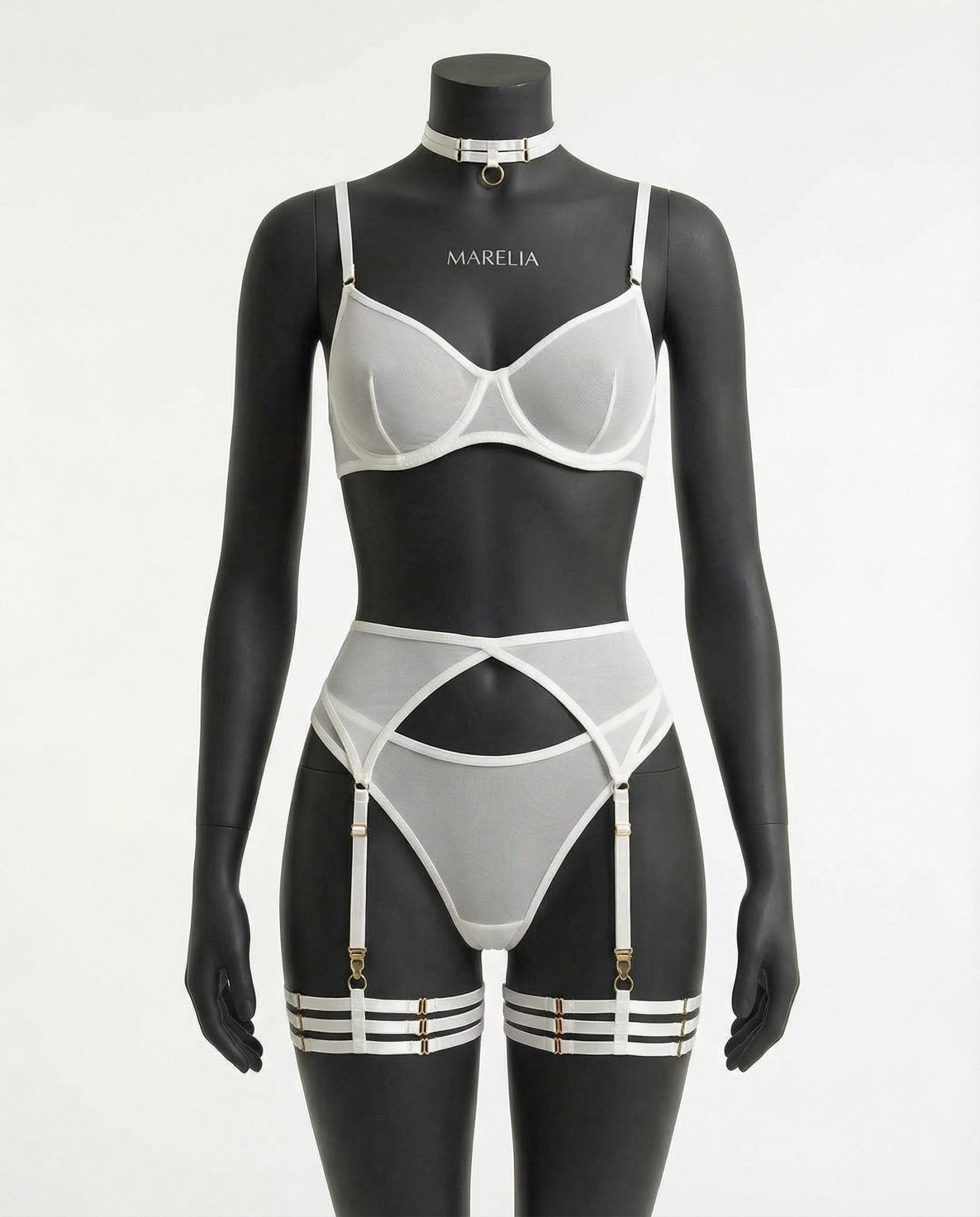 White Sheer Mesh Bra Brief And Suspender Set - Marelia