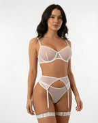 White Sheer Mesh Bra Brief And Suspender Set - MARELIA