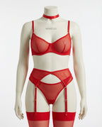 Red Sheer Mesh Bra Brief And Suspender Set - Marelia