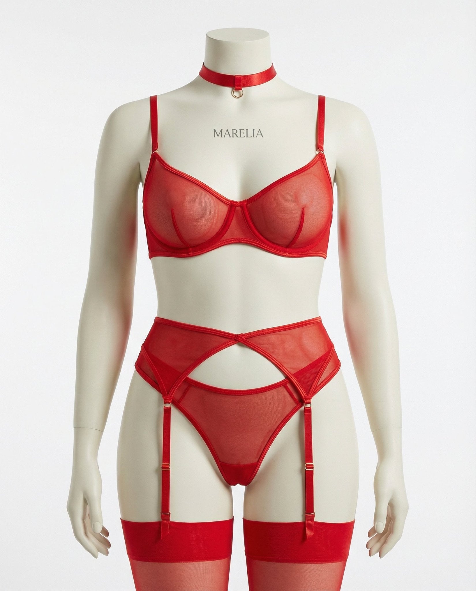 Red Sheer Mesh Bra Brief And Suspender Set - Marelia
