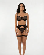 Black Sheer Mesh Bra Brief And Suspender Set - MARELIA