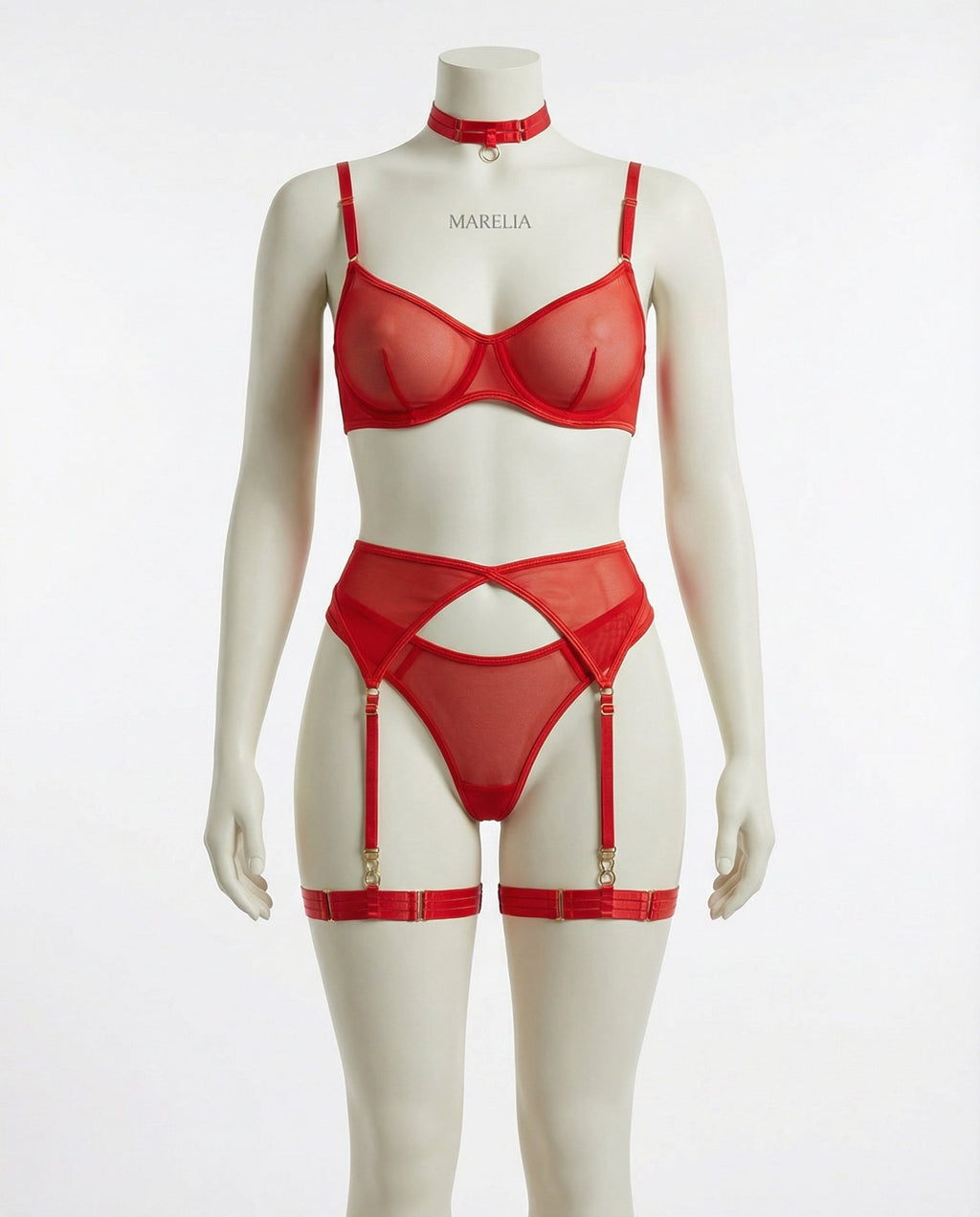 Red Sheer Mesh Bra Brief And Suspender Set - Marelia