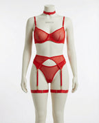 Red Sheer Mesh Bra Brief And Suspender Set - Marelia
