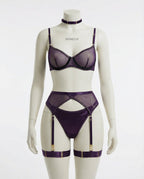 Purple Sheer Mesh Bra Brief And Suspender Set - Marelia