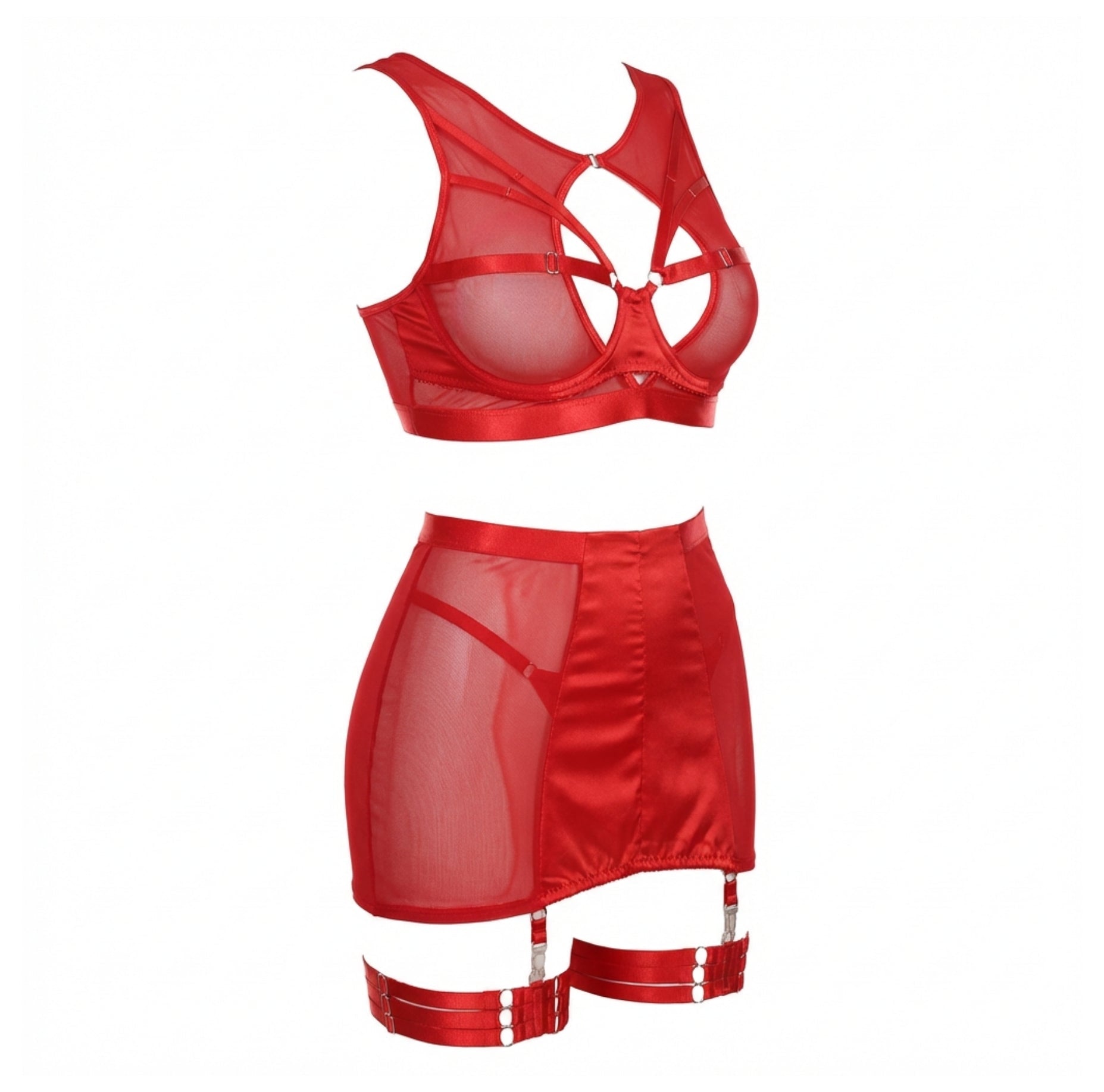 Red Sheer Mesh Bra Top High Waist Brief And Skirt Set - Marelia