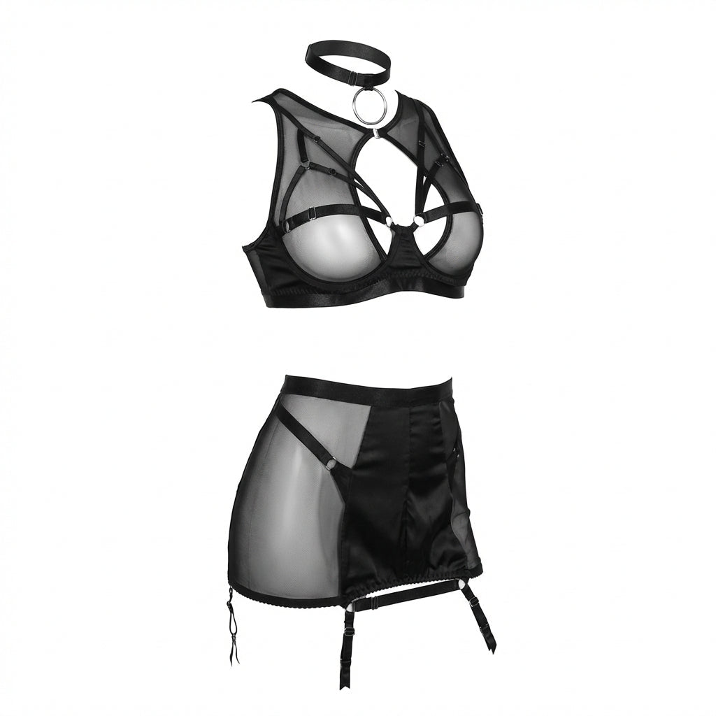 Black Sheer Mesh Bra Top High Waist Brief And Skirt Set - Marelia
