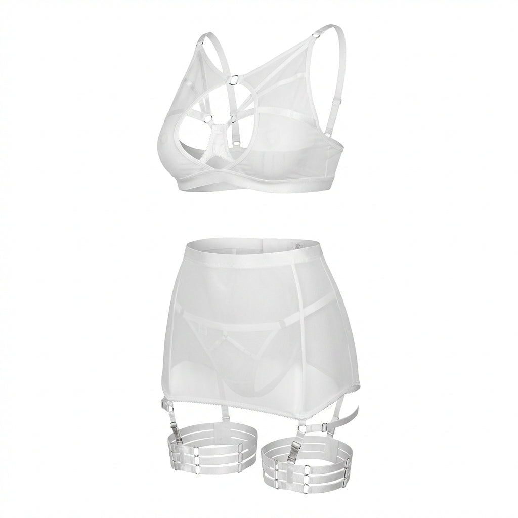 White Sheer Mesh Bra Top High Waist Brief And Skirt Set - Marelia