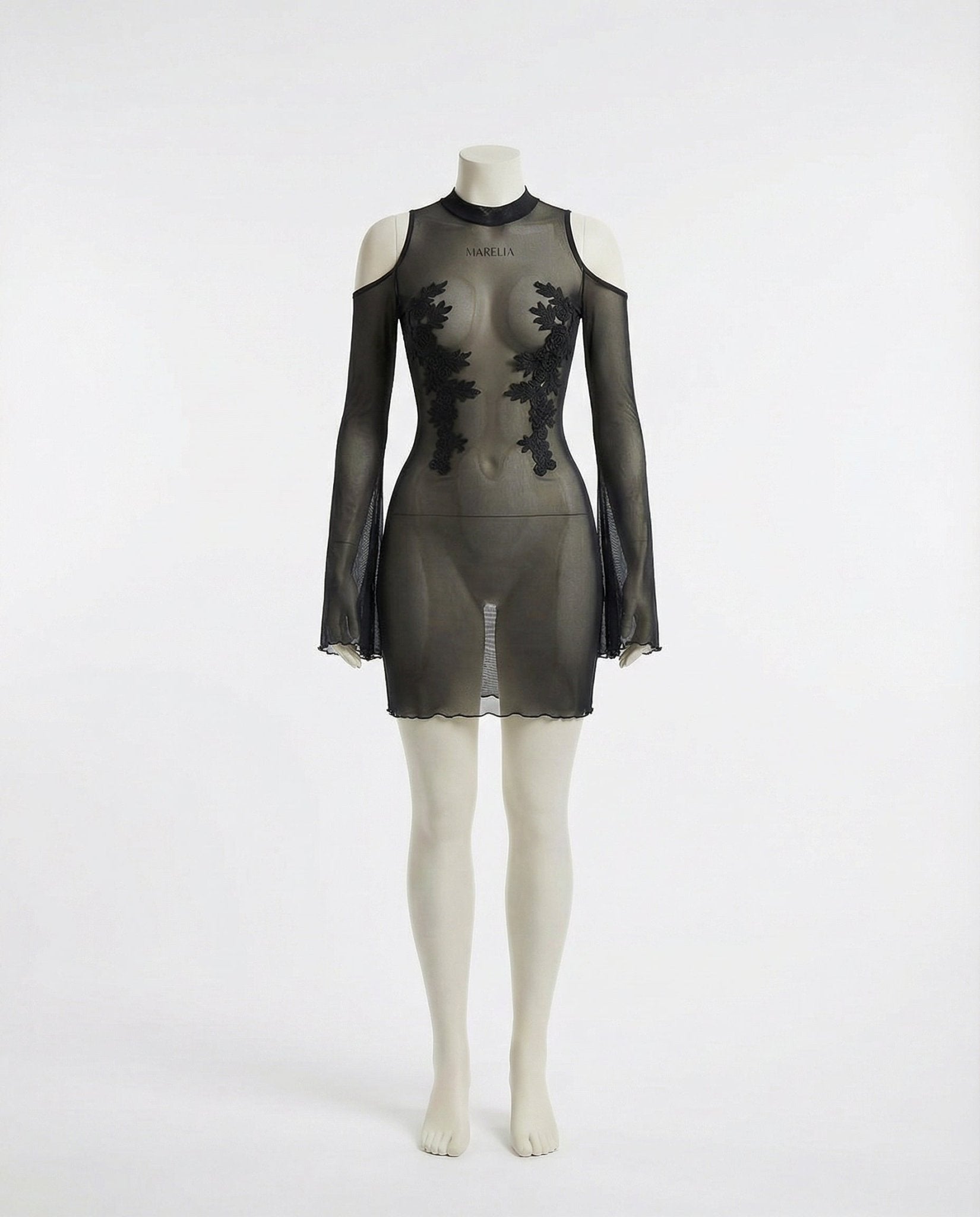 Black Sheer Mesh Cold Shoulder Mini Dress - Marelia