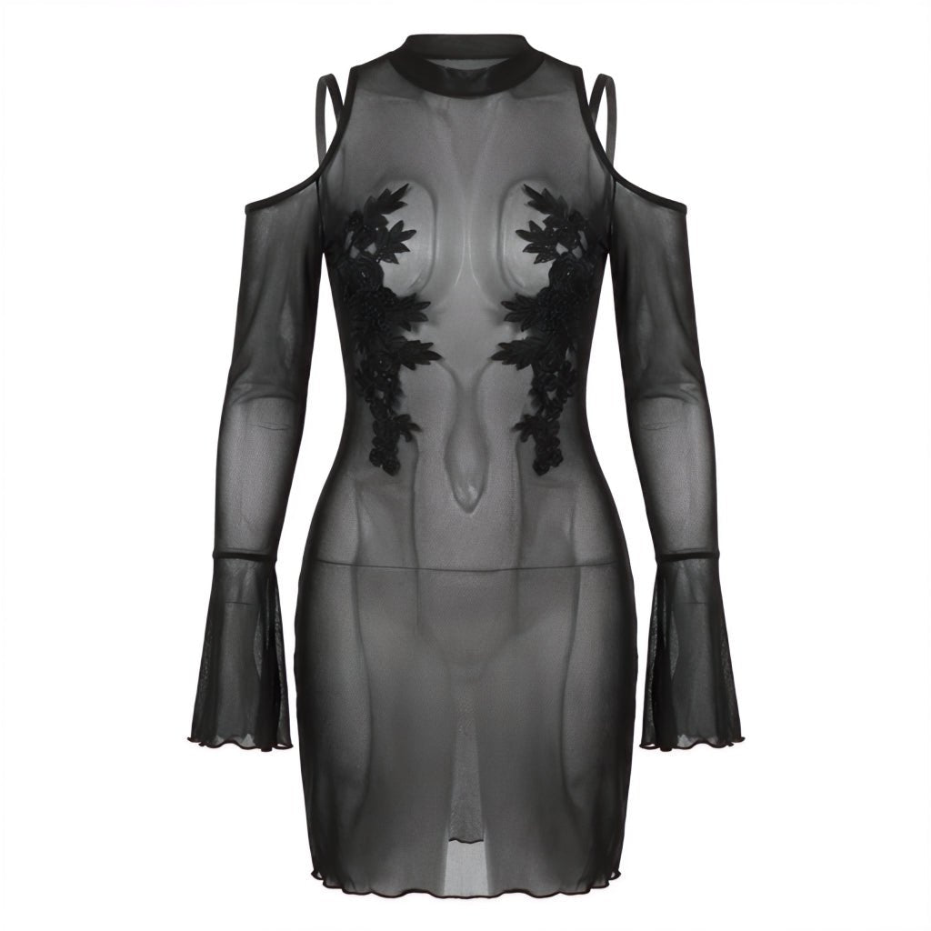 Black Sheer Mesh Cold Shoulder Mini Dress - Marelia