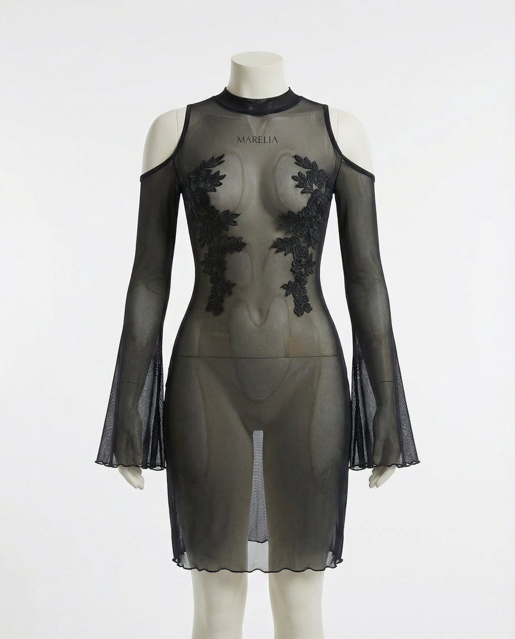 Black Sheer Mesh Cold Shoulder Mini Dress - Marelia